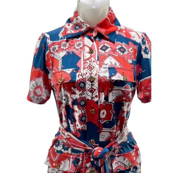 Tracy Negoshian Red & Blue Short Sleeve Collared Dress L - Picture 3 of 14